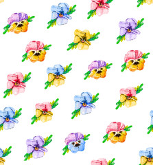 Fototapeta premium Watercolor floral seamless pattern, wildflowers, pansies, purple, blue, red and pink flowers. A bright summer botanical print. light background for textile,fabric,wallpaper.