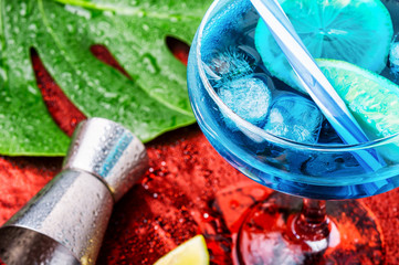 Blue cocktail with ice