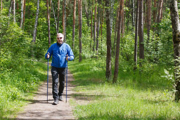 Adult man engaged in Nordic walking in a summer Park