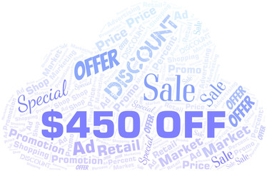 Obraz premium $450 Off word cloud. Wordcloud made with text only.