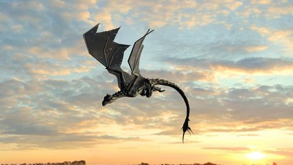 Obraz premium Flying dragon - isolated on a sky background in sunset