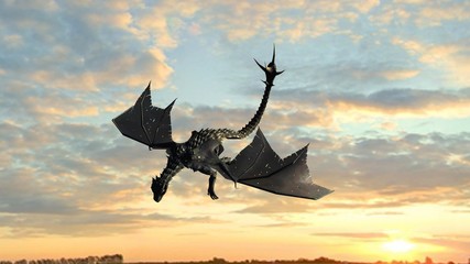 Flying dragon - isolated on a sky background in sunset
