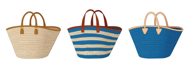 group of straw bags with different handles, colorful tote bags, summer bags vector illustration sketch template on white background