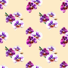 Seamless pattern from orchid flowers. Watercolor painting. Exotic plant. Floral print. Botanical composition. Wedding and birthday. Greeting card. Flower painted background. Hand drawn illustration.