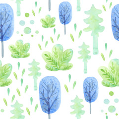 Watercolor illustration. Cartoon nature for children. Seamless pattern with forest. Template for both, paper, fabric. Trees, bushes, flowers. White background