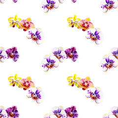Obraz na płótnie Canvas Seamless pattern from orchid flowers. Watercolor painting. Exotic plant. Floral print. Botanical composition. Wedding and birthday. Greeting card. Flower painted background. Hand drawn illustration.