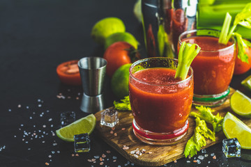 Bloody Mary cocktail. Alcoholic drink and ingredients © Victoria Kondysenko