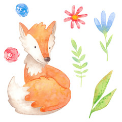 Cartoon watercolor. Children's illustration. Set of cute orange fox, flowers, leaves. Isolated on white background