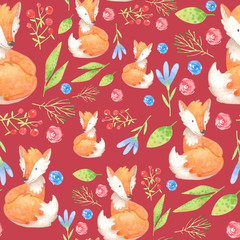 Cartoon watercolor. Children's illustration. Seamless pattern with a cute orange fox, flowers, leaves. Burgundy background