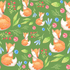 Cartoon watercolor. Children's illustration. Seamless pattern with a cute orange fox, flowers, leaves. Green background