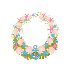 Decorative wreath of sea thematic blue, pink and green colors. Vector illustration.