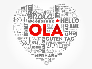 OLA (Hello Greeting in Portuguese) love heart word cloud in different languages of the world