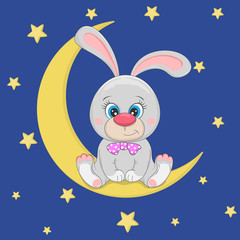 Cute funny cartoon bunny is sitting on the moon.