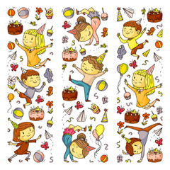Vector illustration in cartoon style, active company of playful preschool kids jumping, at a party, birthday.