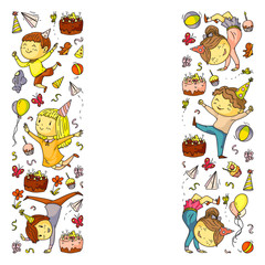 Vector illustration in cartoon style, active company of playful preschool kids jumping, at a party, birthday.