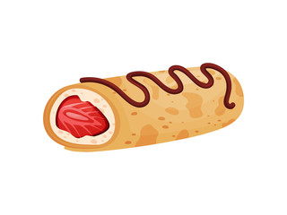 Baked roll stuffed with strawberries. Vector illustration on white background.