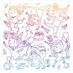 Vector illustration in cartoon style, active company of playful preschool kids jumping, at a party, birthday. draving gradient on exercise book.