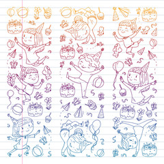 Fototapeta na wymiar Vector illustration in cartoon style, active company of playful preschool kids jumping, at a party, birthday. draving gradient on exercise book.