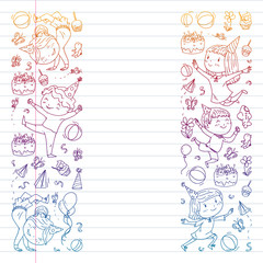 Vector illustration in cartoon style, active company of playful preschool kids jumping, at a party, birthday. draving gradient on exercise book.