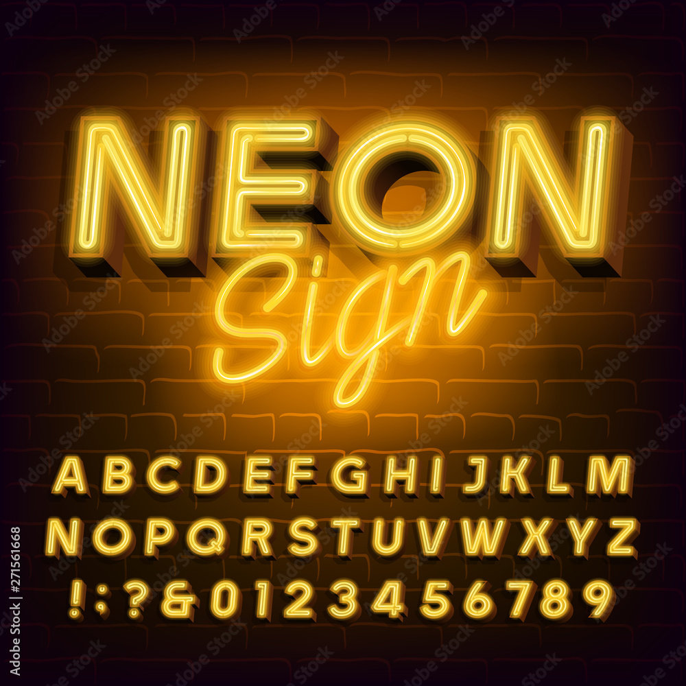 Fototapete neon sign alphabet font. 3d light bulb retro letters and numbers. stock vector typescript for your t