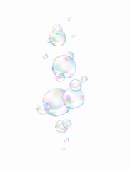 Realistic soap bubble with rainbow colors isolated on white background. Vector water foam elements set. Colorful iridescent glass ball or sphere template.