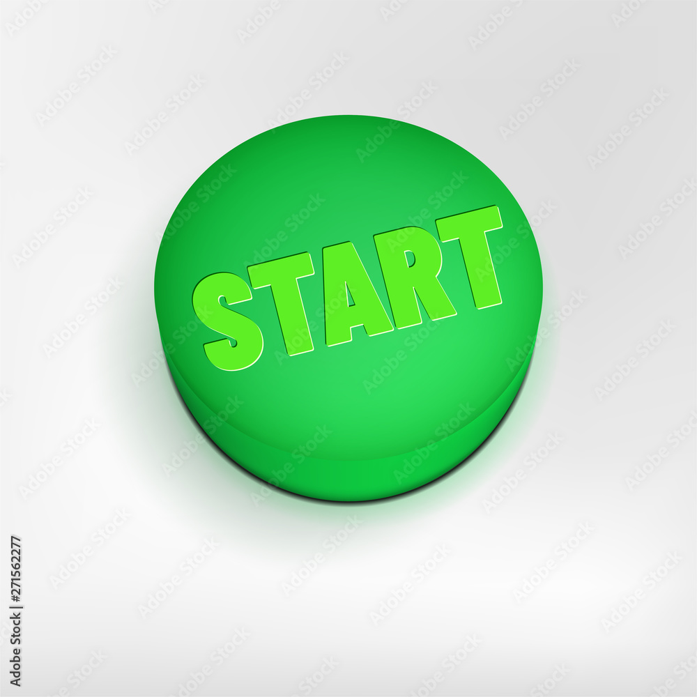 Poster green button with start text on gray background