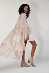 Pretty beautiful sexy elegance woman skin tan body fashion model glamor pose wear trend dress...