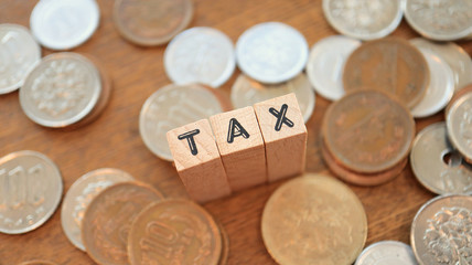 Wooden Text Block of Tax and Pile of Coins
