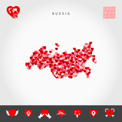 I Love Russia. Red and Pink Hearts Pattern Vector Map of Russia Isolated on Grey Background. Love Icon Set.
