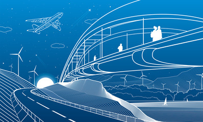 City infrastructure industrial and landscape illustration. People walk across the river bridge. Automobile road in mountains. White lines on blue background. Vector design outline art