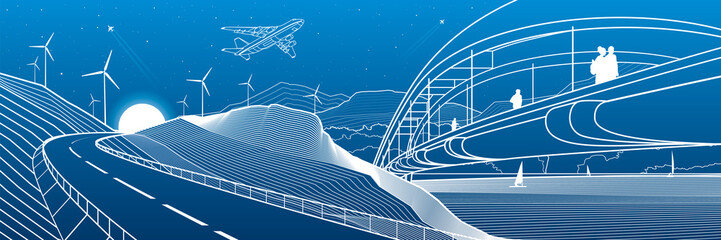 City infrastructure industrial and landscape illustration panorama. People walk across the river bridge. Automobile road in mountains. White lines on blue background. Vector design outline art