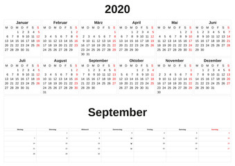 2020 a monthly calendar  with white background in German.