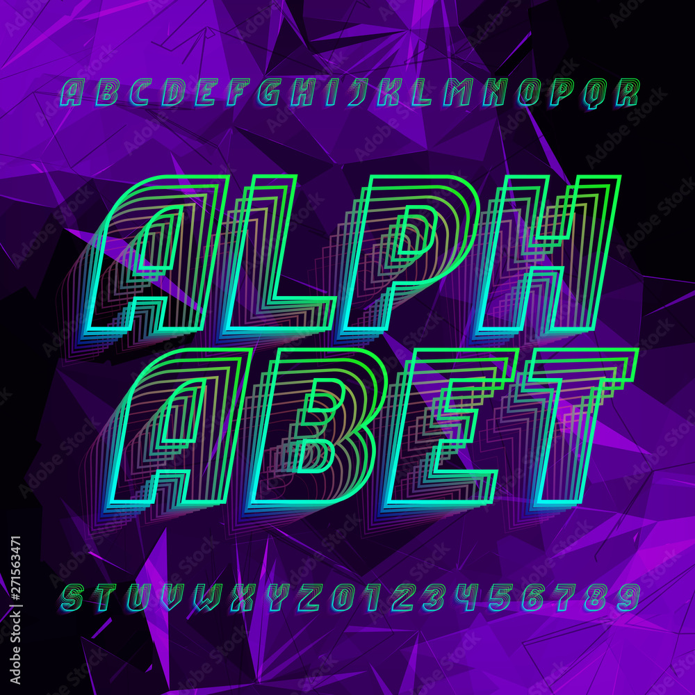 Fototapete abstract alphabet font. uppercase letters and numbers in sport style on a polygonal background. vect