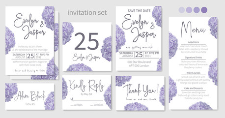 Set of wedding invitations, floral invitations, table, menu, thank you, rsvp card design. Blue, purple, sapphirine flower of hydrangea, mophead, lacecap, panicle flowers on a white background