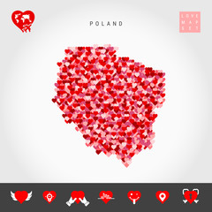 I Love Poland. Red and Pink Hearts Pattern Vector Map of Poland Isolated on Grey Background. Love Icon Set.