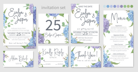 Set of wedding invitations, floral invitations, table, menu, thank you, rsvp card design. Eucalyptus, salal, chamaelaucium, seasonal fern.Blue, purple, of hydrangea flowers on a white background