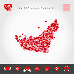 I Love Emirates. Red and Pink Hearts Pattern Vector Map of United Arab Emirates Isolated on Grey Background. Love Icon Set.