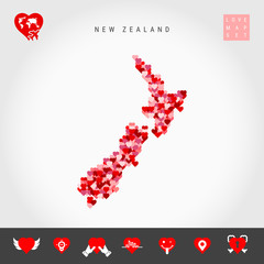 I Love New Zealand. Red and Pink Hearts Pattern Vector Map of New Zealand Isolated on Grey Background. Love Icon Set.