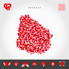 I Love Uruguay. Red and Pink Hearts Pattern Vector Map of Uruguay Isolated on Grey Background. Love Icon Set.