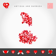 I Love Antigua and Barbuda. Red and Pink Hearts Pattern Vector Map of Antigua and Barbuda Isolated on Grey Background. Love Icon Set.