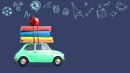 Naklejka premium Back to school looped 4k animation. Car delivering books and apple against school blackboard with education symbols.