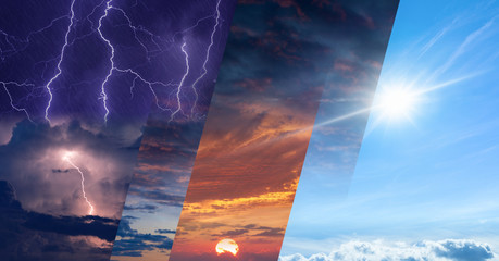 Weather forecast concept, collage of variety weather conditions