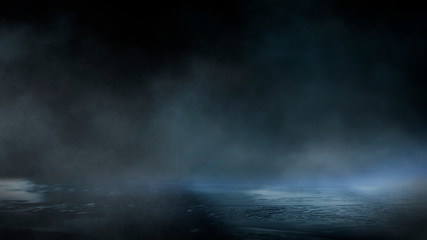 Wet asphalt, reflection of neon lights, a searchlight, smoke. Abstract light in a dark empty street with smoke, smog. Dark background scene of empty street, night view, night city.