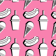 fast food seamless pattern. glass of milkshake, ice cream cone, hot dog. pink vector background