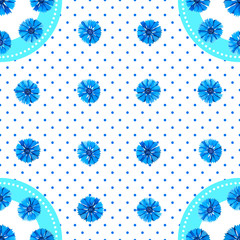 Materiał do szycia White seamless pattern with blue flowers. Watercolor cornflowers, polka dot background.