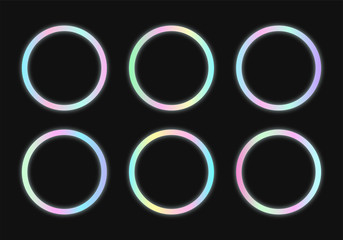 Circular holographic frames set in psychedelic vaporwave style. Futuristic geometric figures on dark background. Retro 80s-90s neon colors.