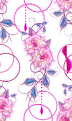 Silver, purple, shiny wicker circles of gold rope, chain jewelry, modern abstract stripes, floral arrangement of pink vintage roses. Seamless floral pattern.