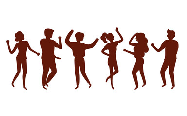 Fototapeta na wymiar Young happy woman and man dancing to party music. Black silhouette. Stylish human at festival event, outdoor concert or club dance floor. Vector flat illustration