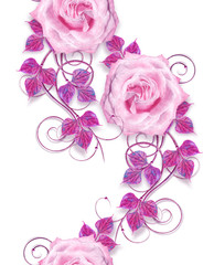 Flower arrangement of delicate pink roses, lilac leaves, openwork curls, vintage retro style, seamless floral pattern.