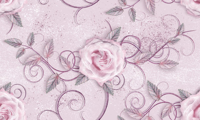 Flower arrangement of delicate pink roses, lilac leaves, openwork curls, vintage retro style, seamless floral pattern.